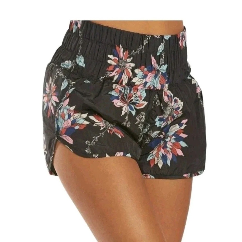 Free People FP Movement The Way Home Floral Shorts Black Small High Rise Smocked